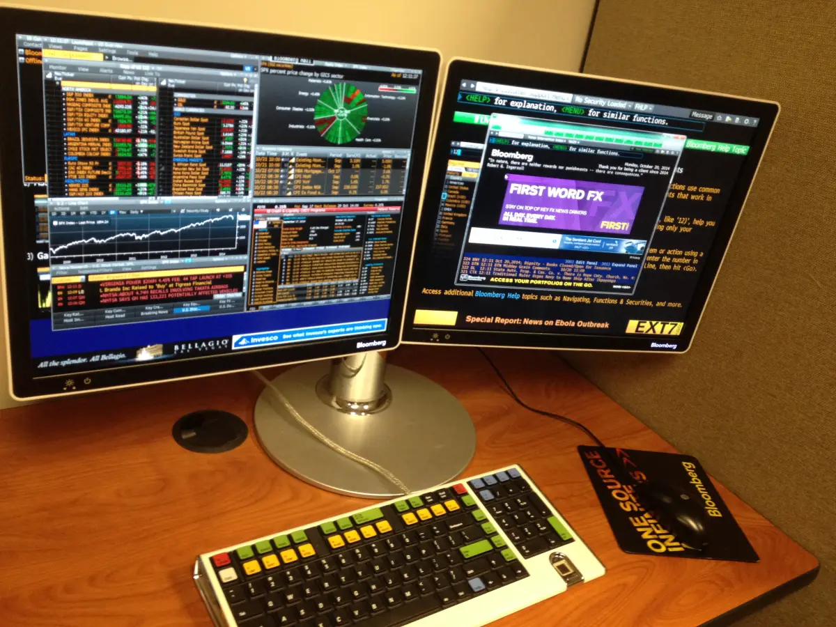A financial data terminal on a trading desk.