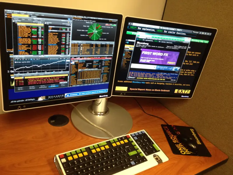 A financial data terminal on a trading desk.