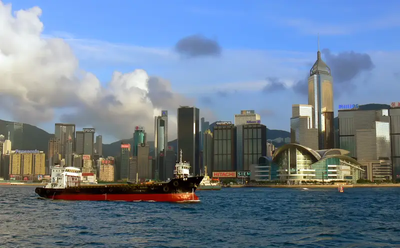 Hong Kong Victoria Harbour and its skyline at night.